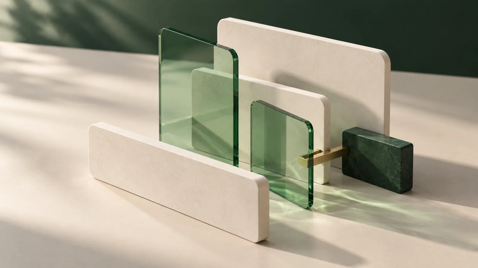 Green glass and pale solid planes arranged as an information study.