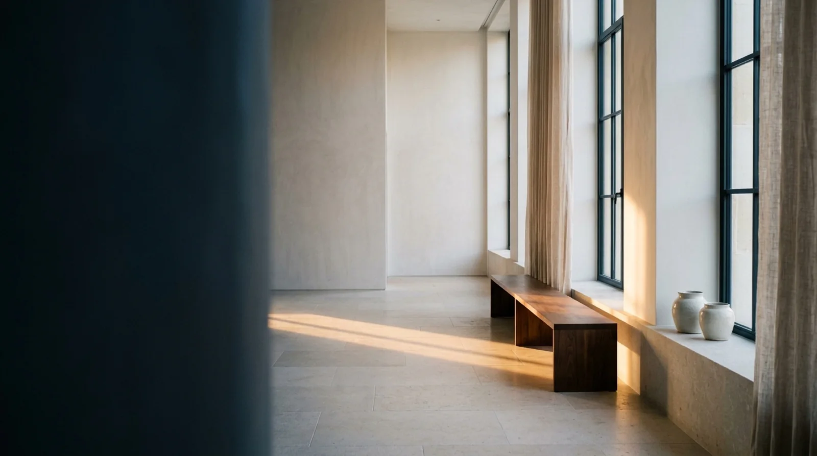 Morning light crossing a quiet open room.